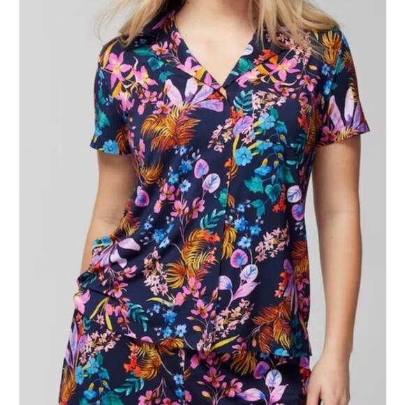 Soma cool nights pajama top in blooming tropical navy colorful cozy size large - Picture 1 of 9